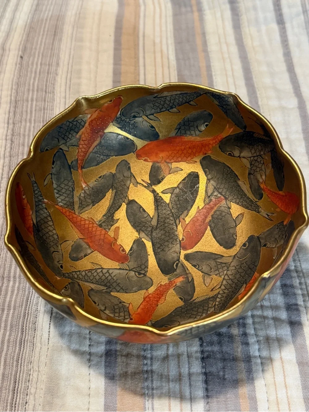 Antique Japanese Satsuma Bowl Gold Embossed Porcelain  Koi Fish